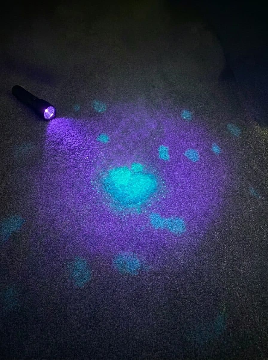 A black light revealing pet urine stains that glow on dark carpet in a darkened room